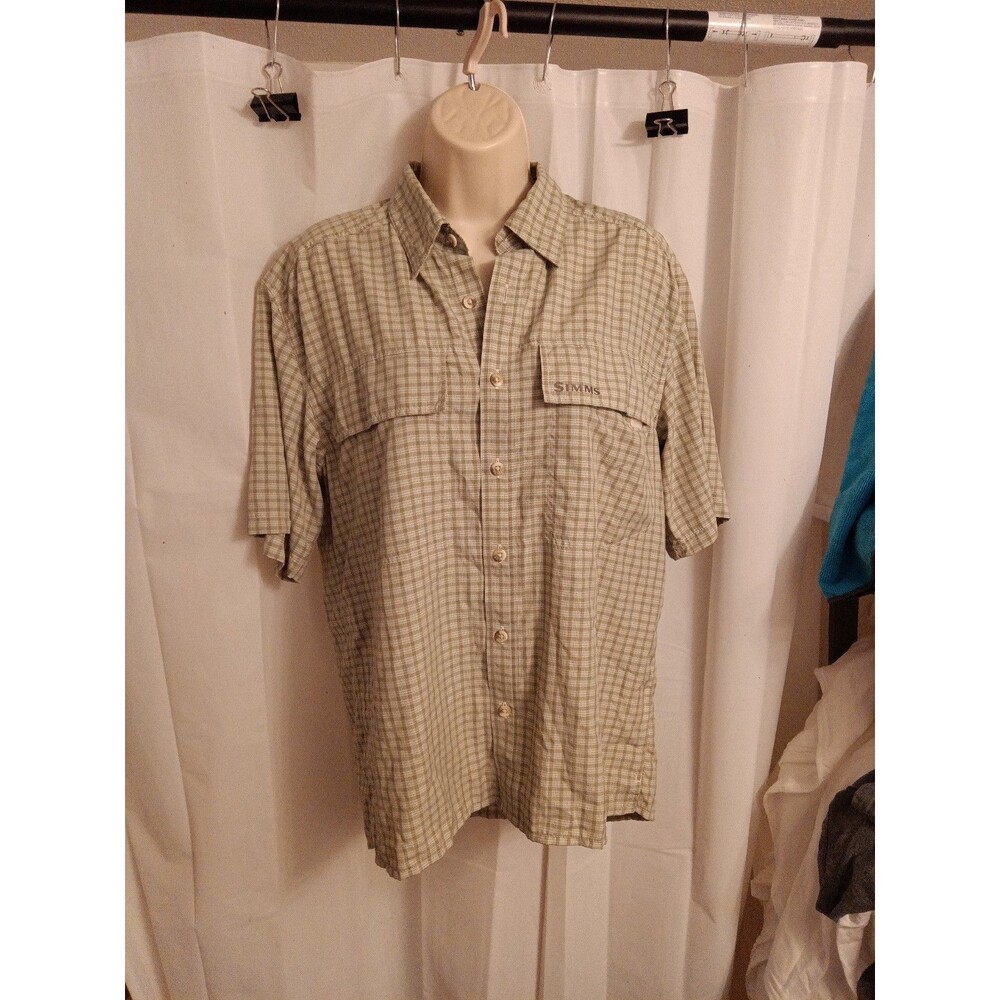 Simms Mens Shirt Small Fishing Outdoor   Button Front Plaid Green Cotton